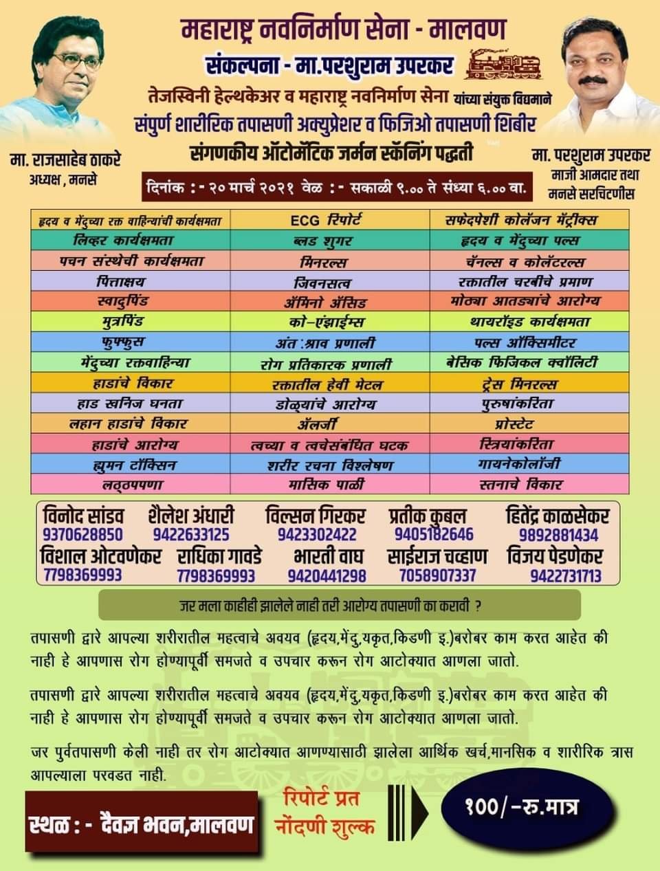 मनसे नेते परशुराम उपरकर यांच्या संकल्पनेतुन मालवण दैवज्ञ भवन येथे आरोग्य शिबिराचे आयोजन