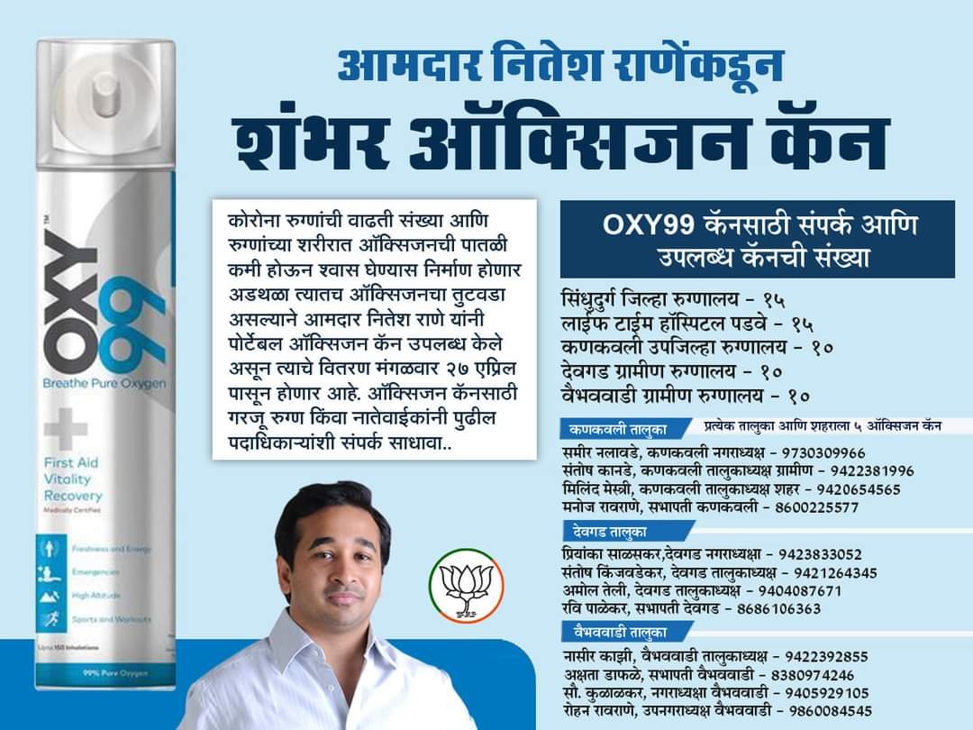 आमदार नितेश राणेंनी दिले १०० पोर्टेबल ऑक्सिजन कॅन