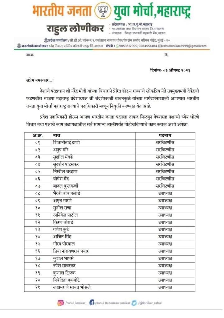 भाजप युवा मोर्चाच्या प्रदेश उपाध्यक्षपदी लखमराजे भोसले