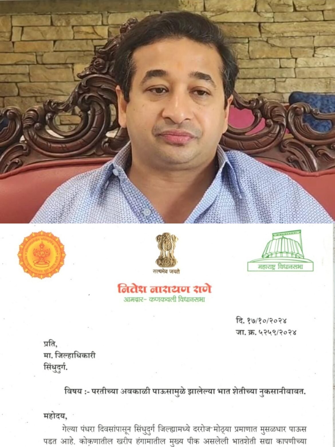 अतिवृष्टीमुळे जिल्ह्यातील शेतकऱ्यांच्या नुकसान झालेल्या भात शेतीची त्वरित पंचनामे करून नुकसान भरपाई मिळावी