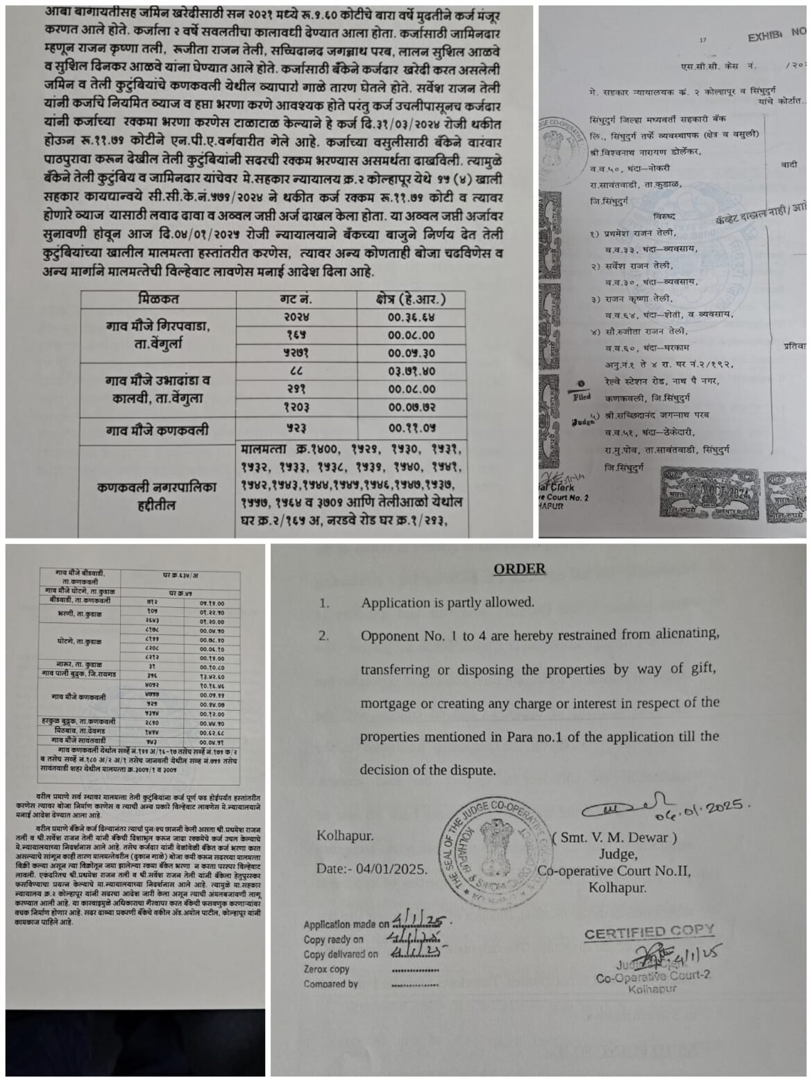 प्रथमेश राजन तेली व राजन कृष्णा तेली यांच्या कुटुंबीयांच्या स्थावर मालमत्ता हस्तांतरण करण्यास अन्य बँकांच्या कर्जाचा बोजा चढवण्यास व विक्री करण्यास सहकार न्यायालयाकडून मनाई आदेश