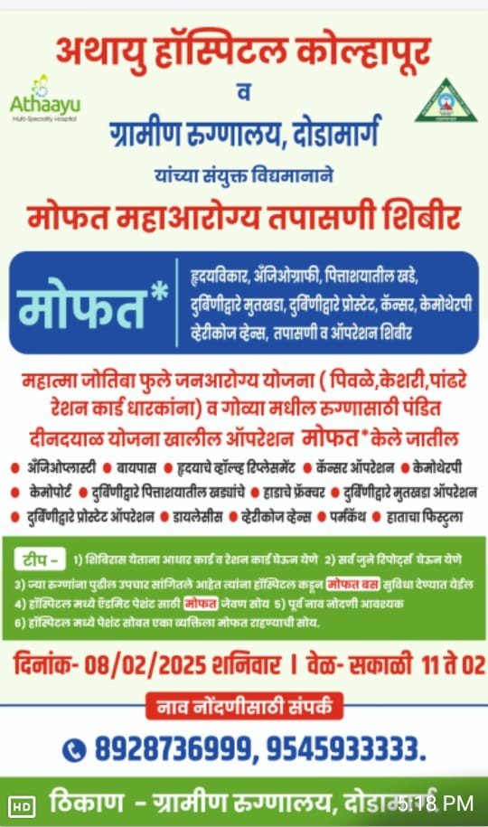 सिंधदुर्गमध्ये विविध कुडाळ महिला व बाल कल्याण रुग्णालय व दोडामार्ग ग्रामीण रुग्णालय मध्ये मोफत आरोग्य तपासणी व ऑपरेशन शिबीर