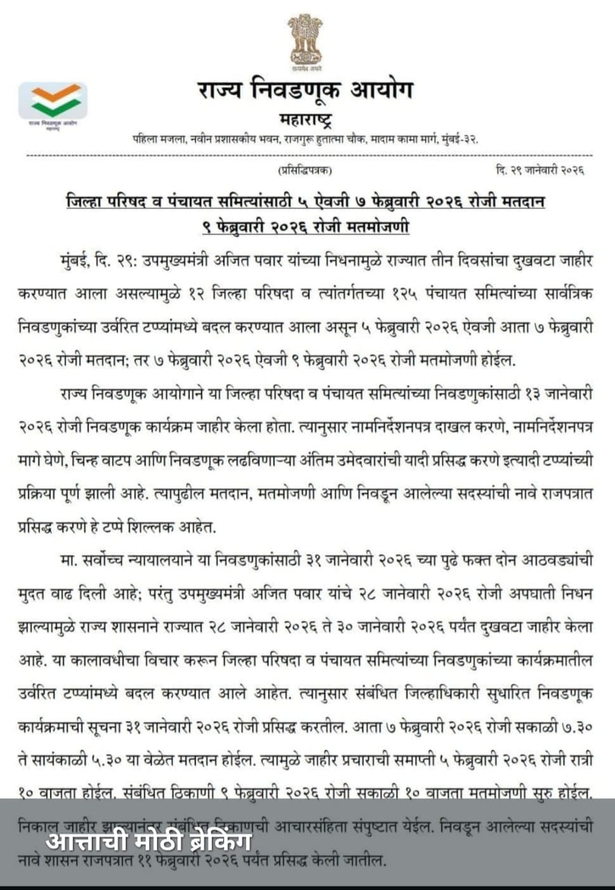 जिल्हा परिषद व पंचायत समित्यांसाठी ५ ऐवजी ७ फेब्रुवारी २०२६ रोजी मतदान ९ फेब्रुवारी २०२६ रोजी मतमोजणी