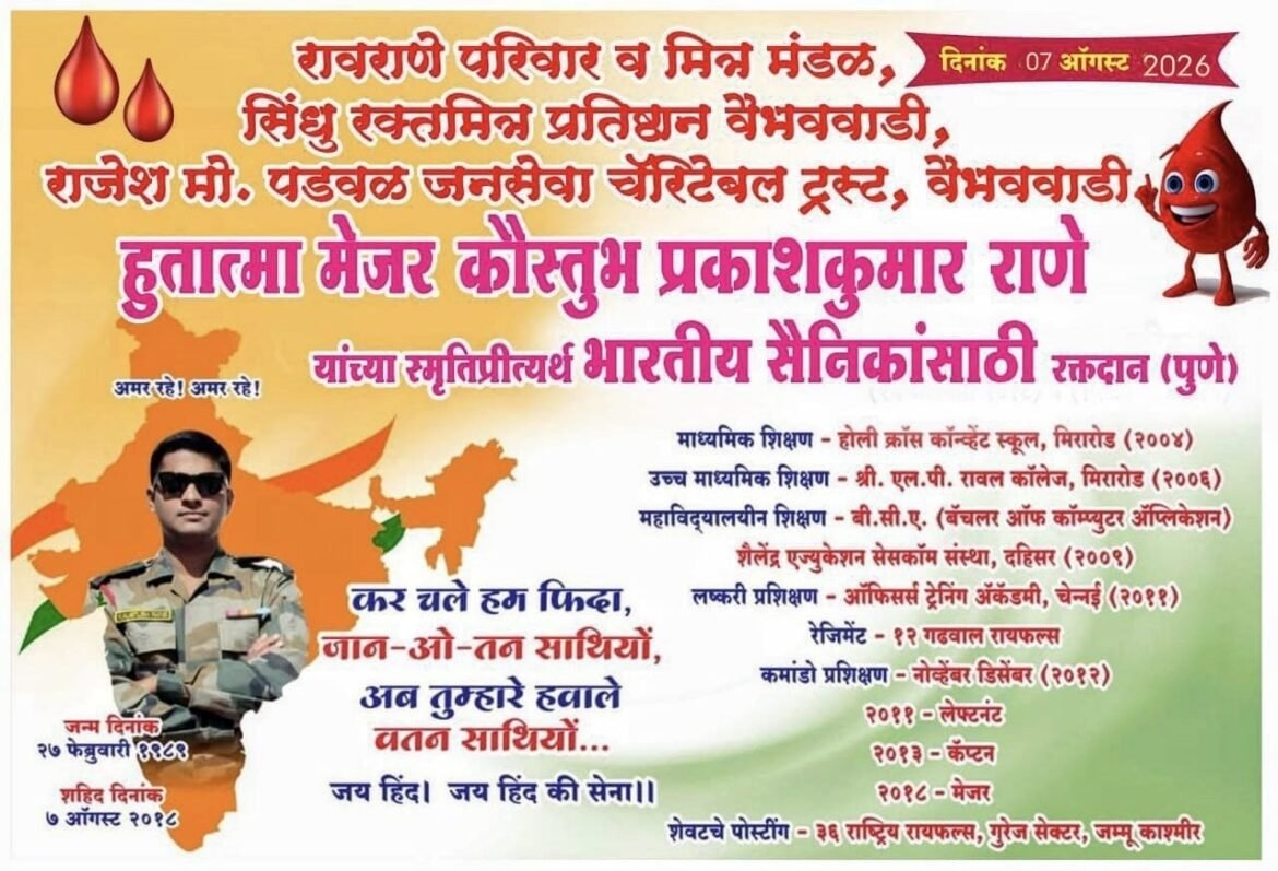 वैभववाडी ७ ऑगस्टला रक्तदान शिबिराचे आयोजन..